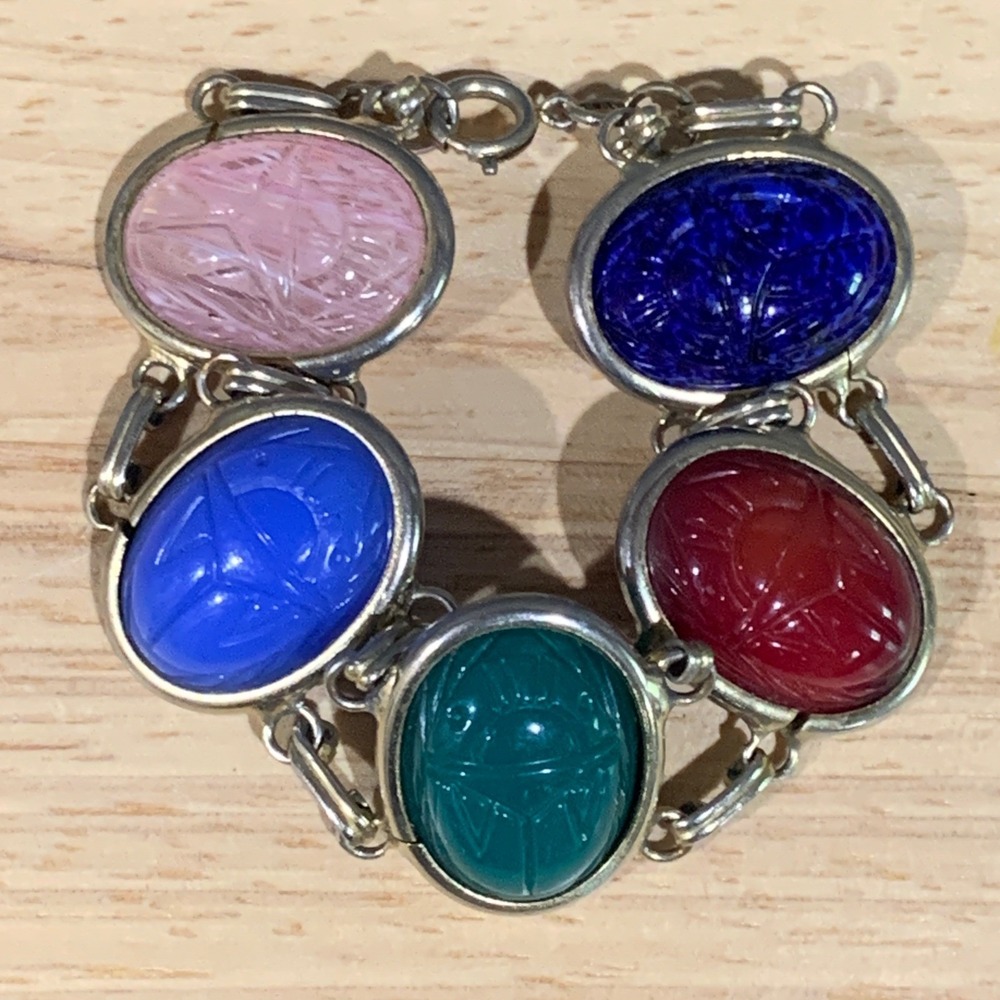 Scarab Bracelet Womens OS Multi Color Glass Egyptian Revival Vintage